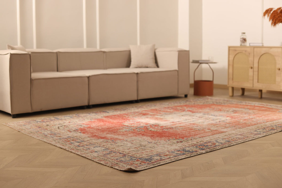 Vintage Isparta Turkish Area Rug 7x10 ft — Red & Beige Floral