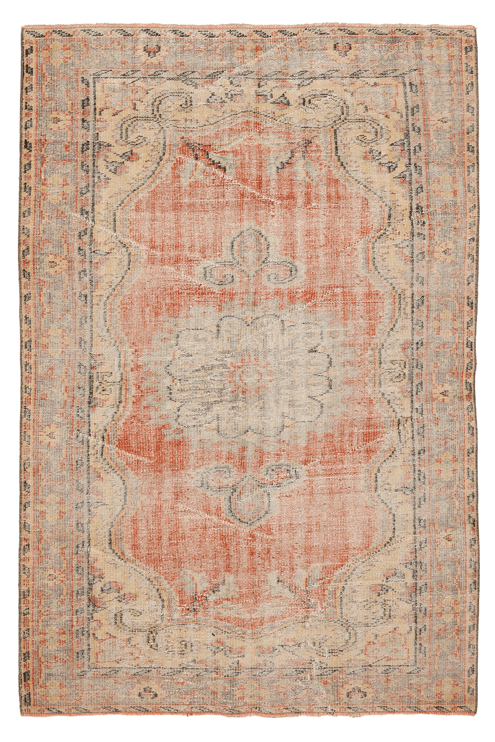 Vintage Manisa Turkish Area Rug 5x8 ft — Red & Beige Floral