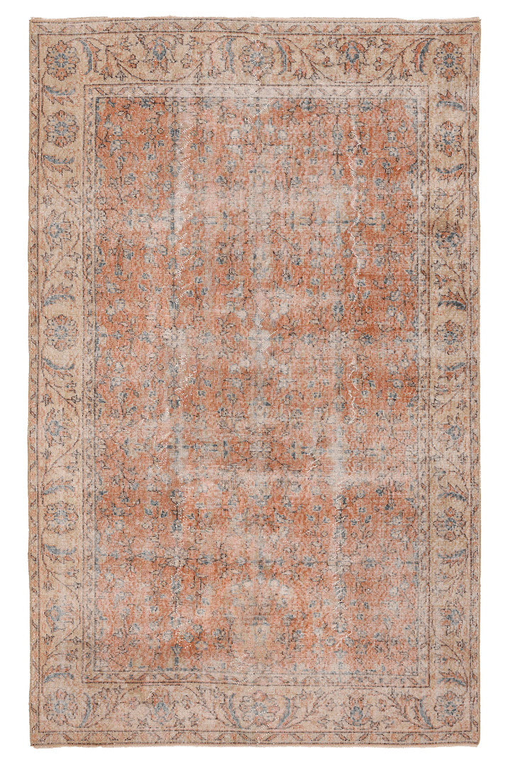 Vintage Isparta Turkish Area Rug 5x8 ft — Orange Floral (No. 60580)
