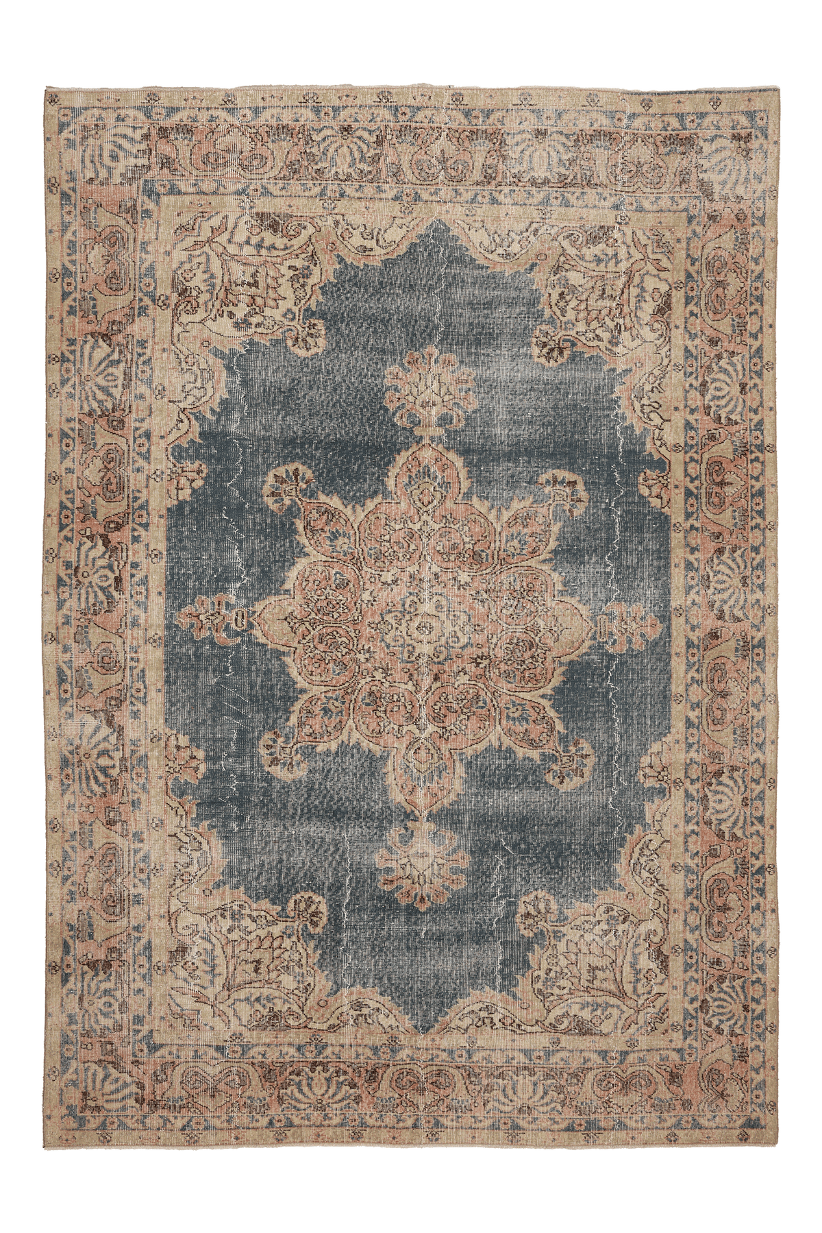 Vintage Isparta Turkish Area Rug 6x9 ft — Blue & Beige Floral