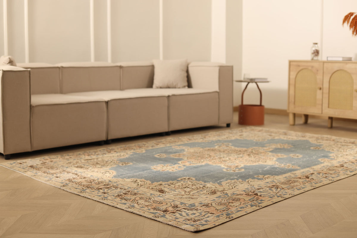 Vintage Isparta Turkish Area Rug 6x9 ft — Blue & Beige Floral