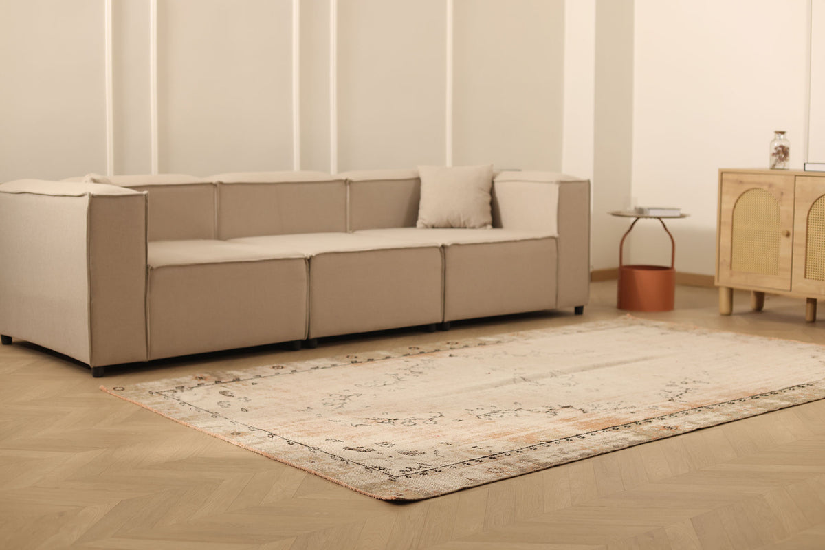Vintage Manisa Turkish Area Rug 5x9 ft — Beige & Brown Distressed (No. 60600)