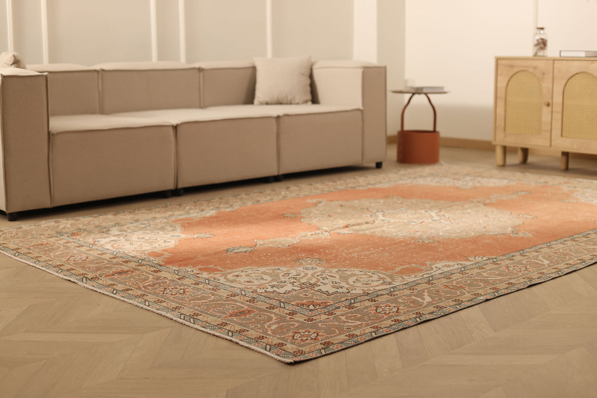 Vintage Isparta Turkish Area Rug 7x11 ft — Pink & Beige Floral
