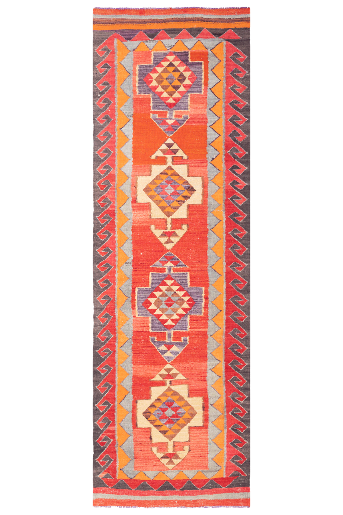 Handmade 3x11 ft Persian-style wool and cotton Kilim runner with red and orange geometric patterns.