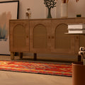 Handmade red and orange Persian-style wool-cotton Kilim runner rug with geometric patterns in a bohemian hallway.