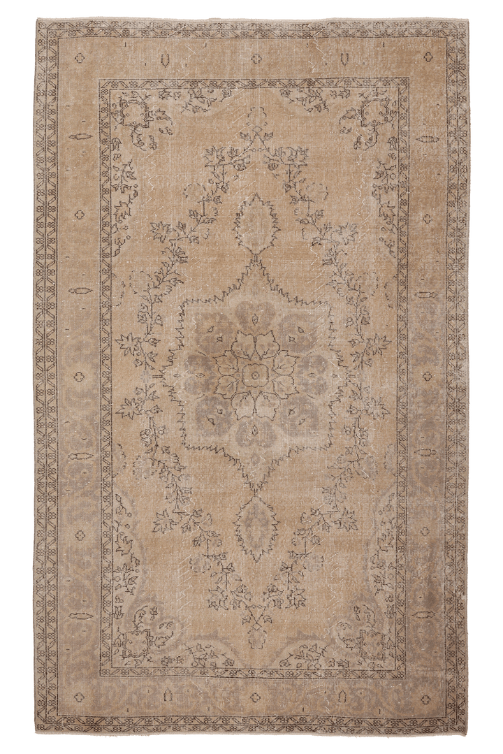 Vintage Isparta Turkish Area Rug 5x9 ft — Beige & Brown Floral (No. 60624)