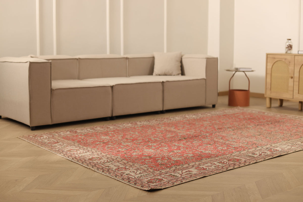 Vintage Isparta Turkish Area Rug 6x10 ft — Red & Beige Floral