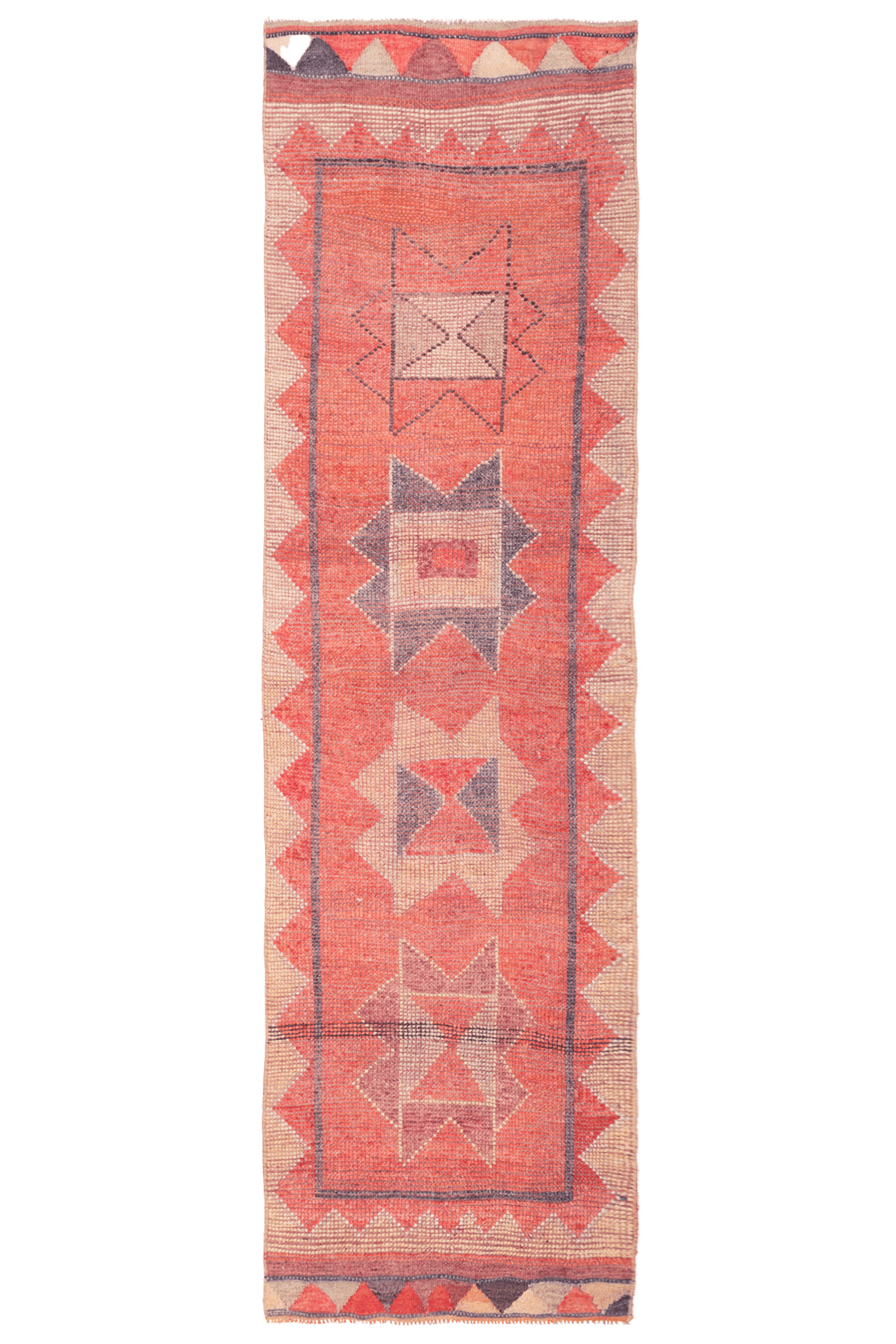 Handmade pink and beige wool-cotton runner rug with geometric patterns, 2.8 x 10.4 ft bohemian Persian-style design.