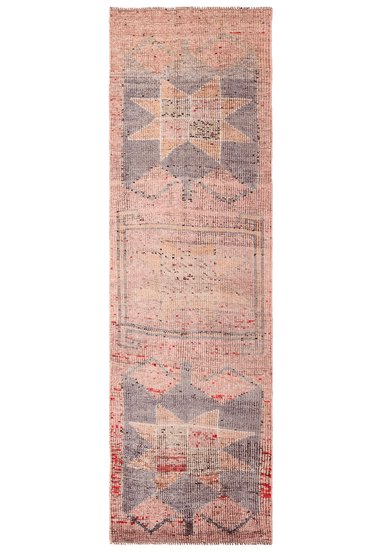 Handwoven 2.9x10.2 ft wool and cotton runner rug in pink and brown with geometric star patterns.