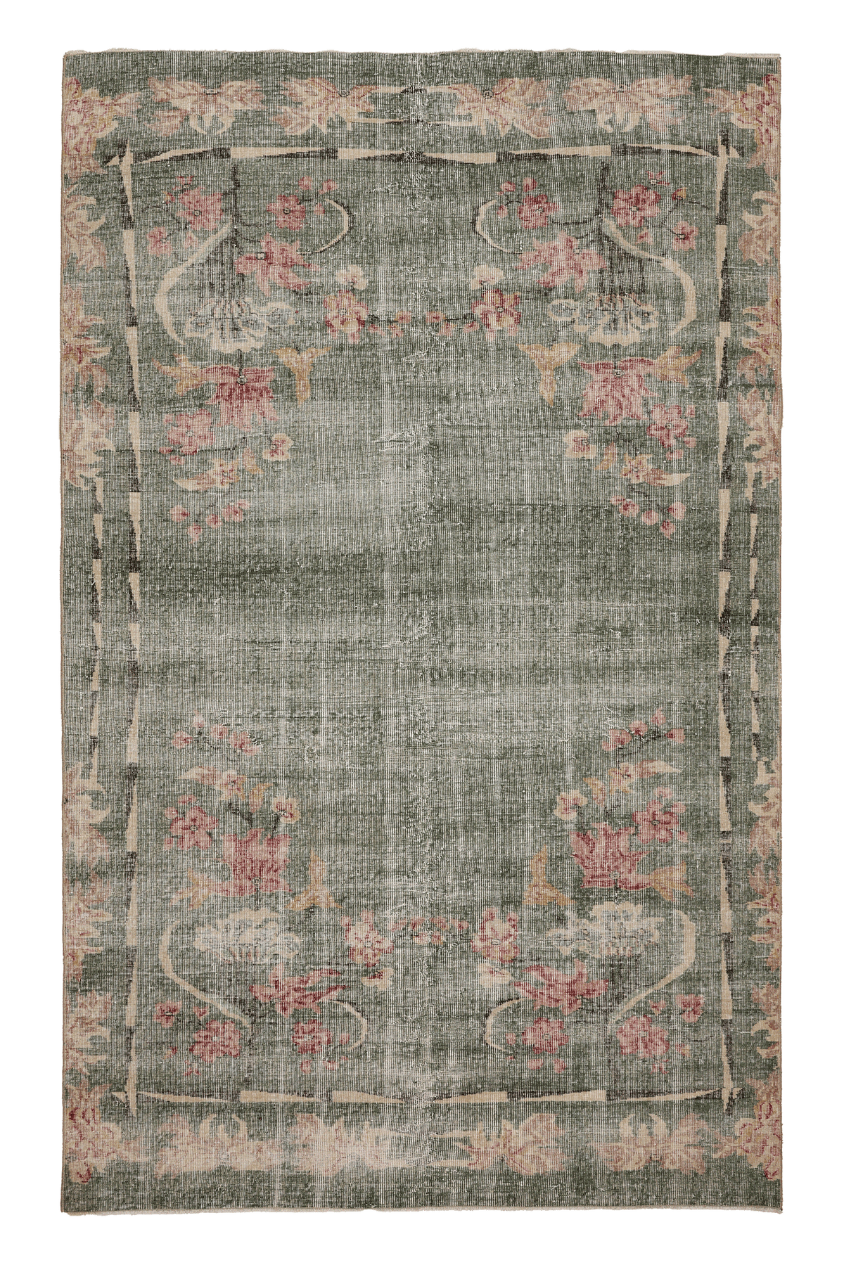 Vintage Isparta Turkish Area Rug 6x9 ft — Green & Pink Distressed