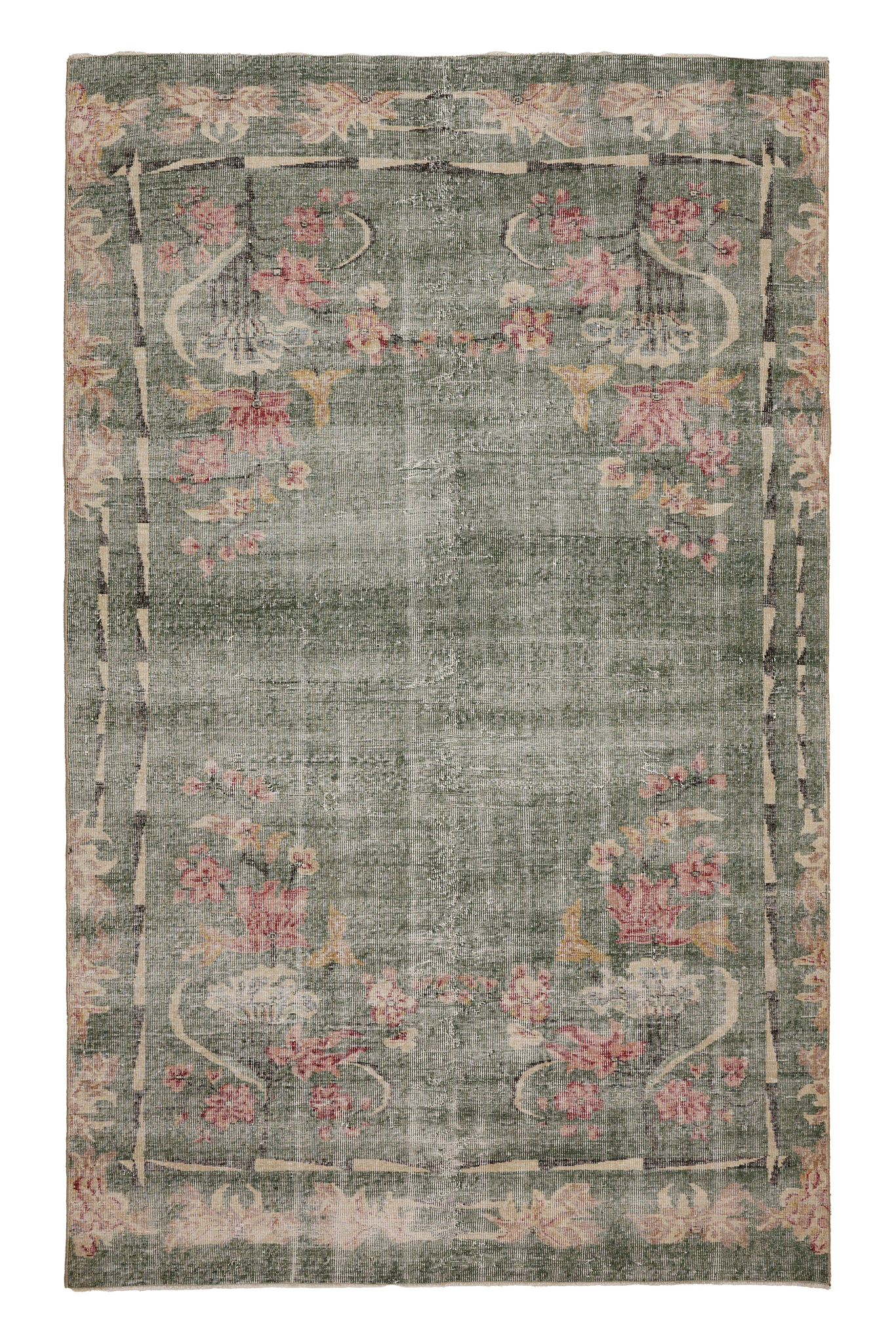 Vintage Isparta Turkish Area Rug 6x9 ft — Green & Pink Distressed