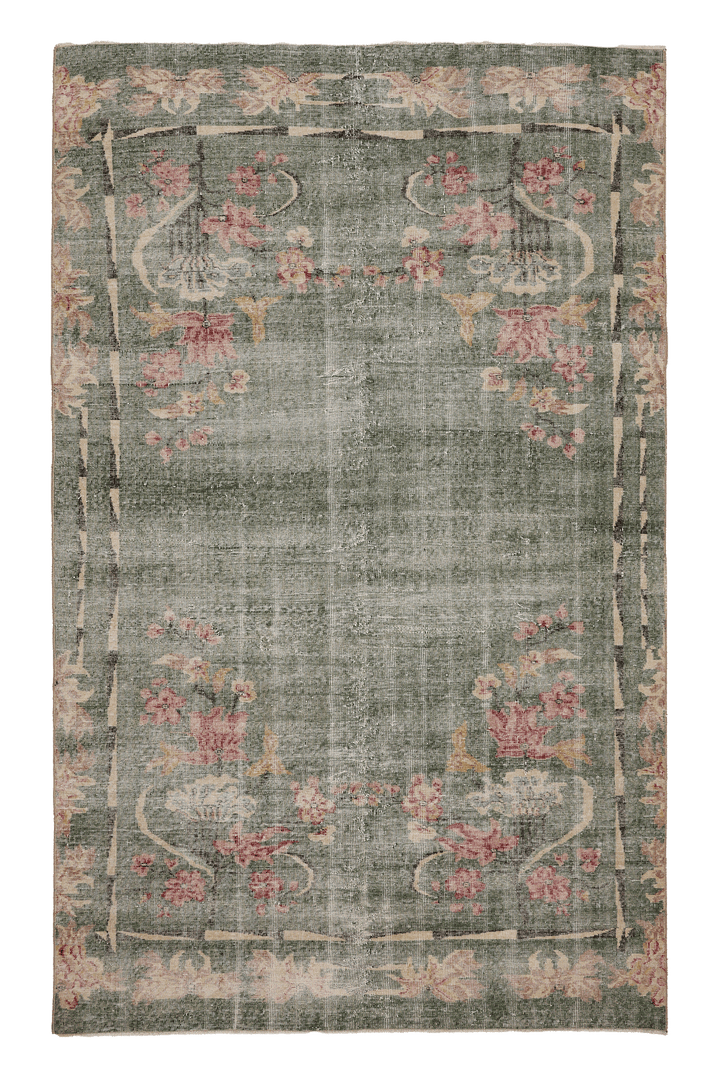 Vintage Isparta Turkish Area Rug 6x9 ft — Green & Pink Distressed