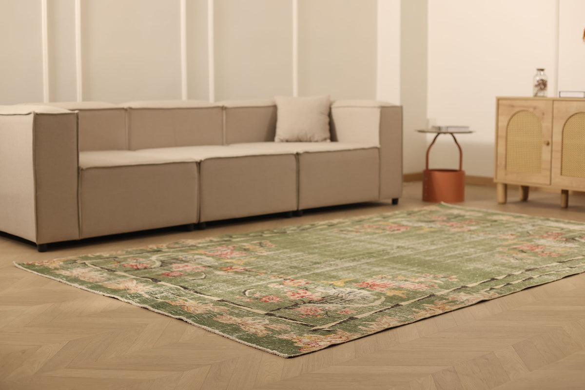 Vintage Isparta Turkish Area Rug 6x9 ft — Green & Pink Distressed