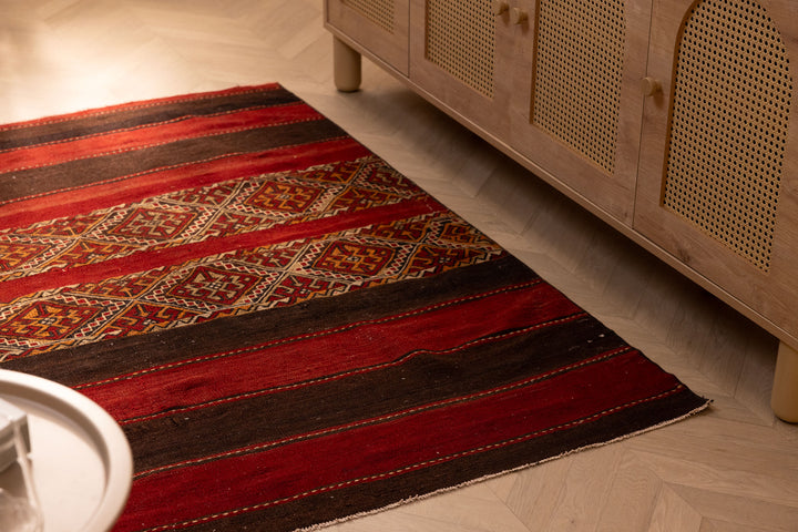 Vintage Malatya Turkish Area Rug 3x5 ft — Red & Brown Geometric