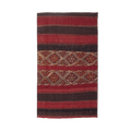 Hand-woven 3x5 ft vintage Turkish wool kilim rug featuring red and brown geometric patterns and striped flatweave design.