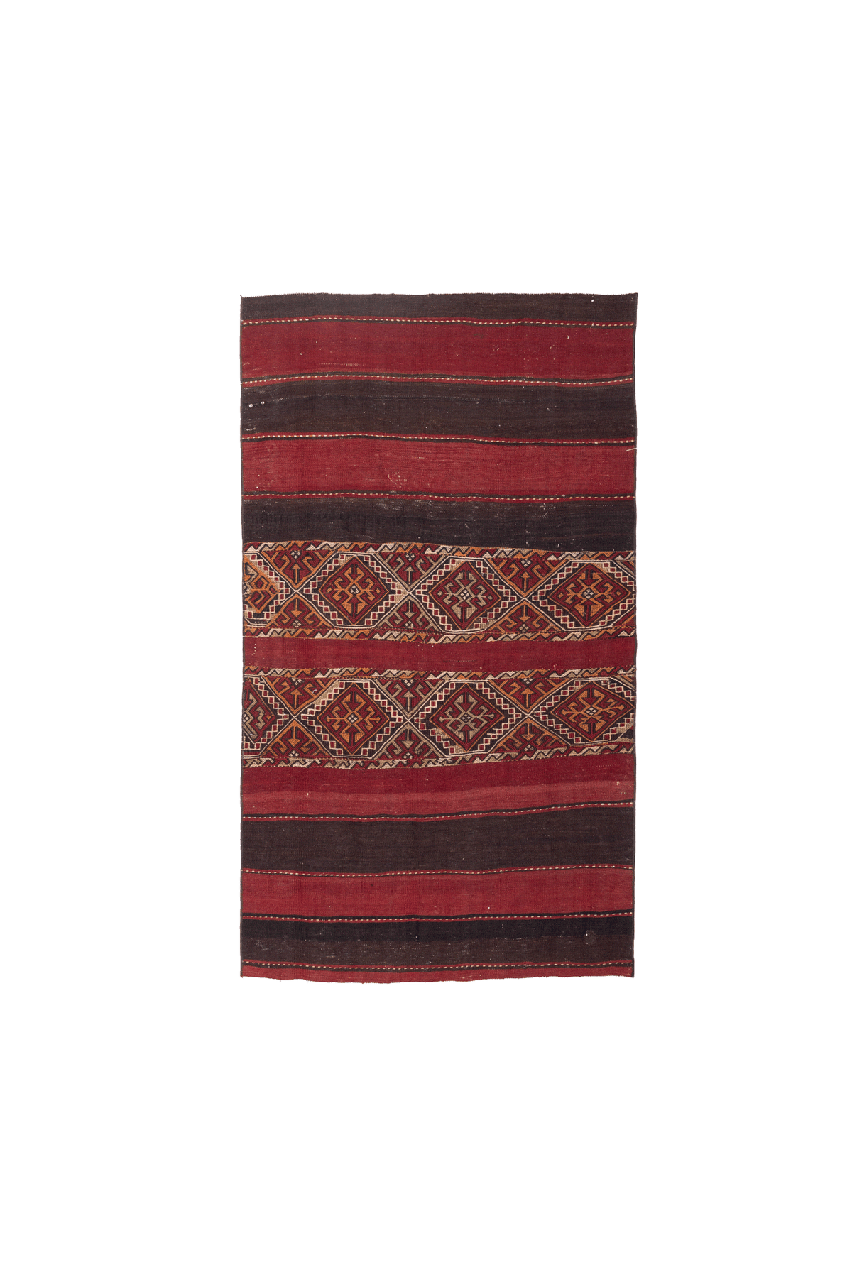 Hand-woven 3x5 ft vintage Turkish wool kilim rug featuring red and brown geometric patterns and striped flatweave design.