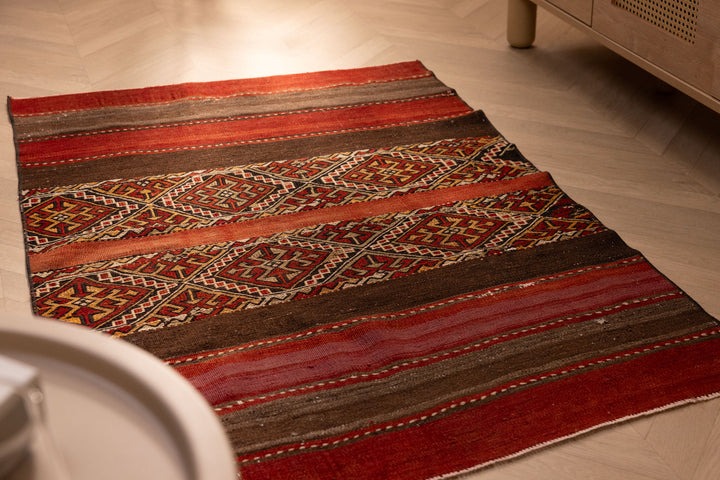 Vintage Malatya Turkish Area Rug 3x4 ft — Red & Brown Geometric