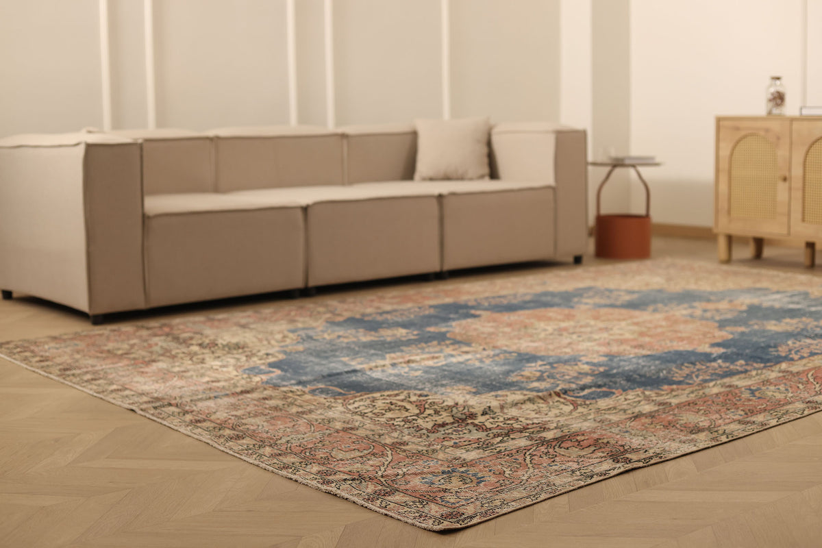 Vintage Isparta Turkish Area Rug 7x11 ft — Blue & Pink Distressed