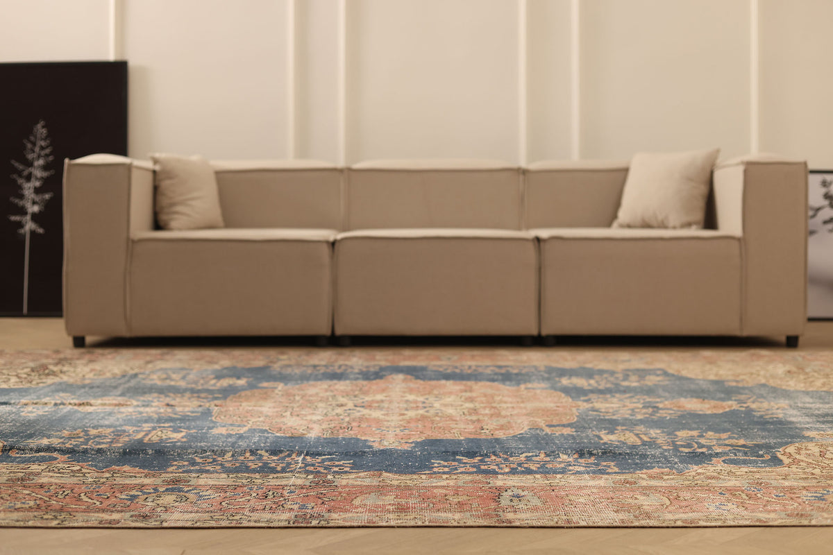 Vintage Isparta Turkish Area Rug 7x11 ft — Blue & Pink Distressed