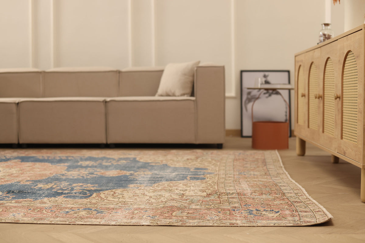Vintage Isparta Turkish Area Rug 7x11 ft — Blue & Pink Distressed