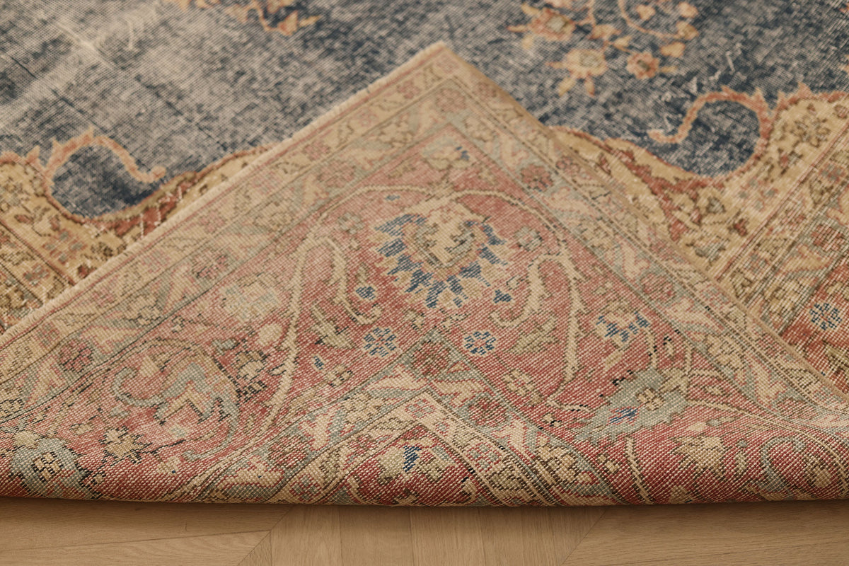 Vintage Isparta Turkish Area Rug 7x11 ft — Blue & Pink Distressed