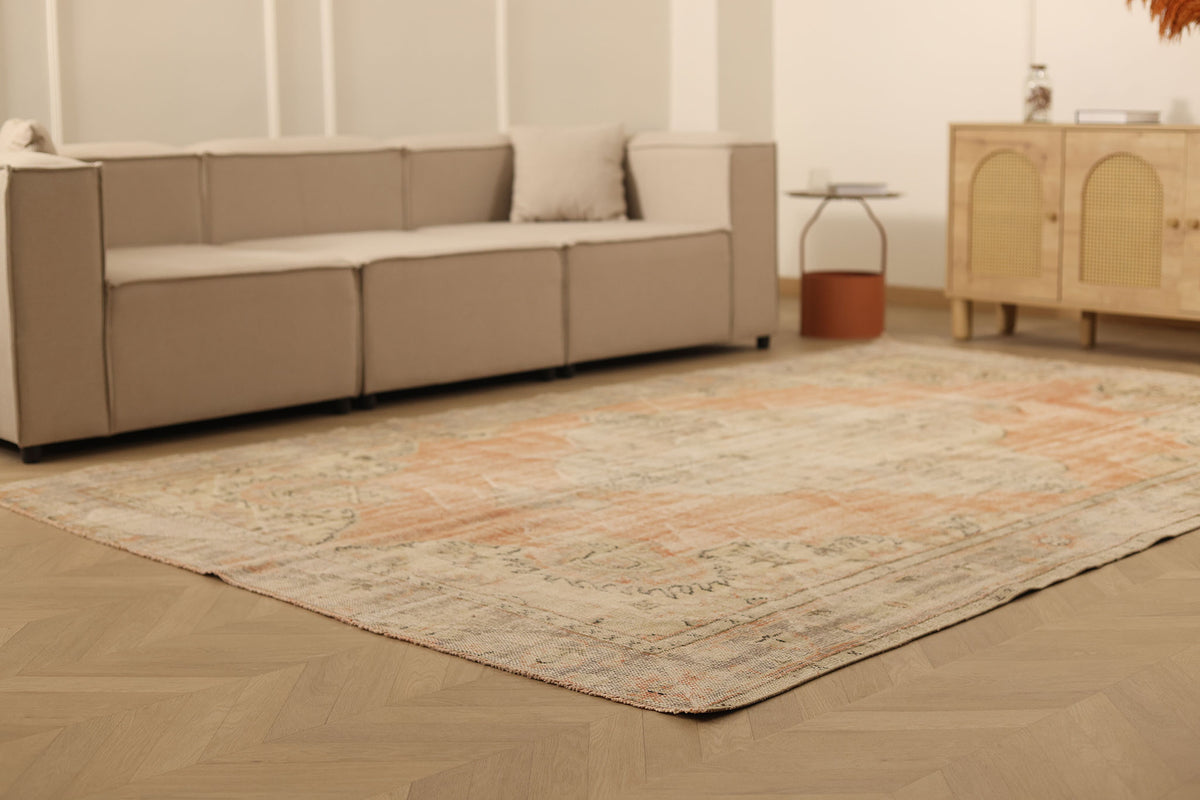 Vintage Manisa Turkish Area Rug 6x10 ft — Orange & Beige Distressed