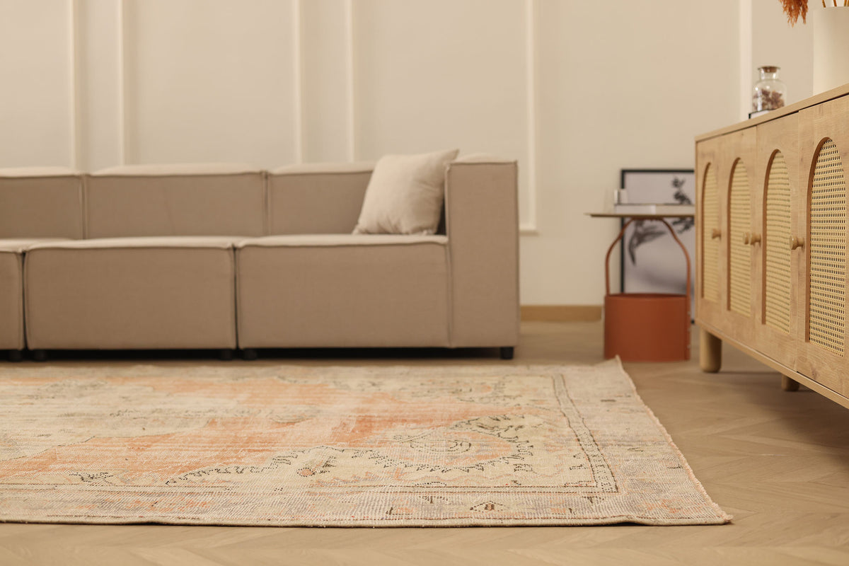 Vintage Manisa Turkish Area Rug 6x10 ft — Orange & Beige Distressed