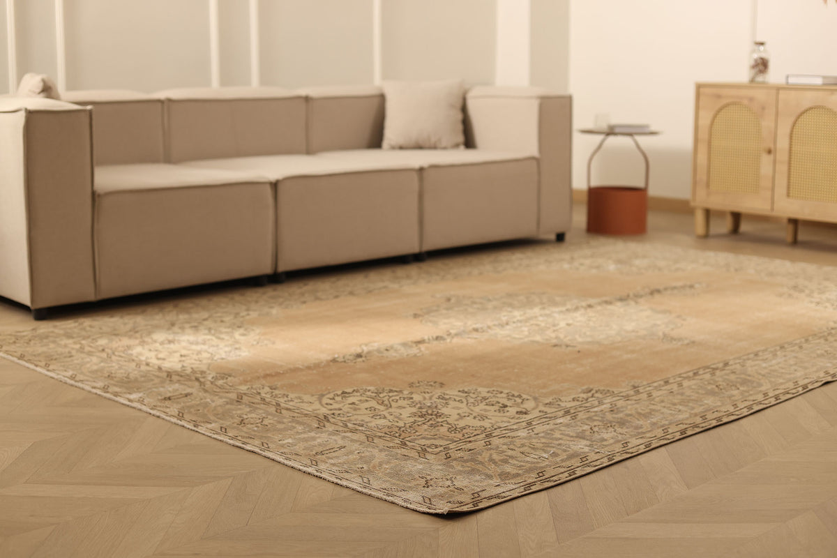 Vintage Isparta Turkish Area Rug 7x10 ft — Beige & Brown Floral (No. 60685)