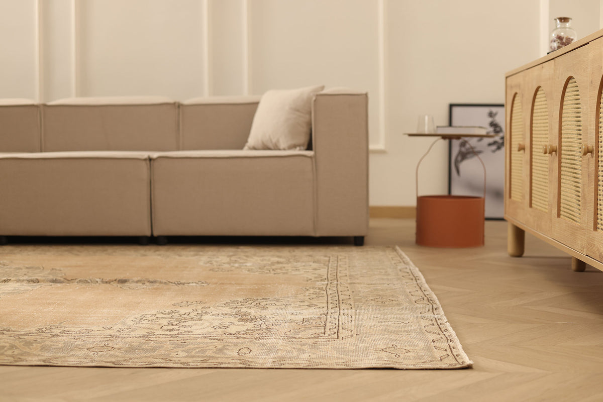 Vintage Isparta Turkish Area Rug 7x10 ft — Beige & Brown Floral (No. 60685)