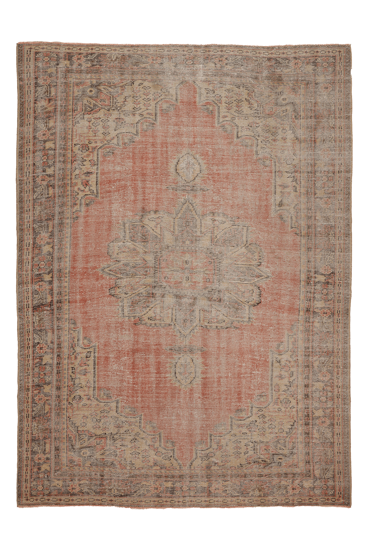Vintage Manisa Turkish Area Rug 7x9 ft — Red & Beige Distressed