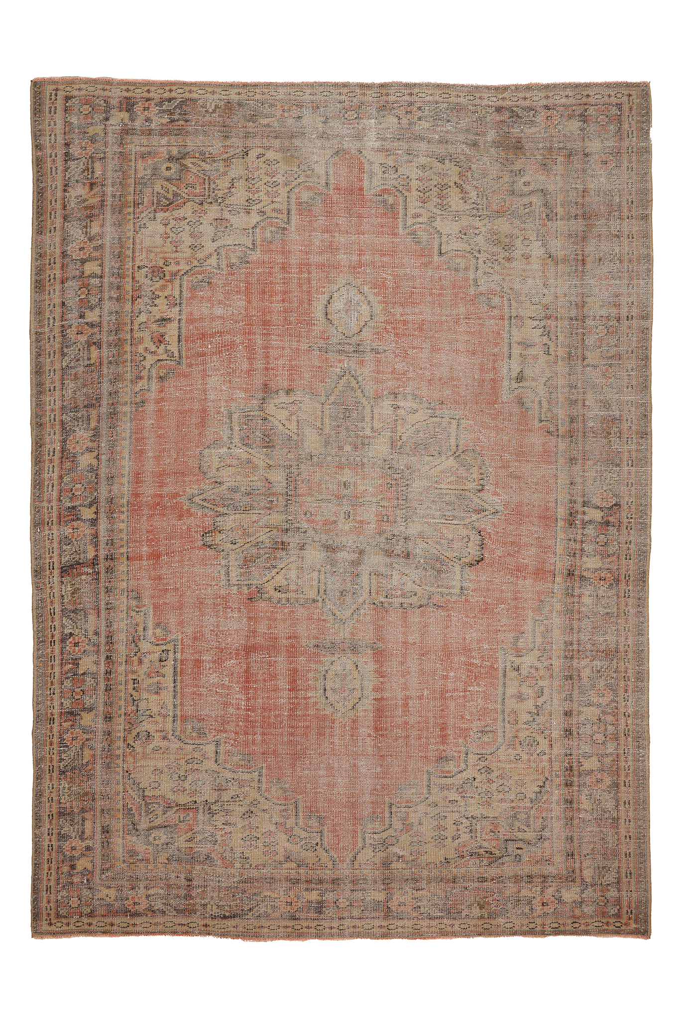 Vintage Manisa Turkish Area Rug 7x9 ft — Red & Beige Distressed