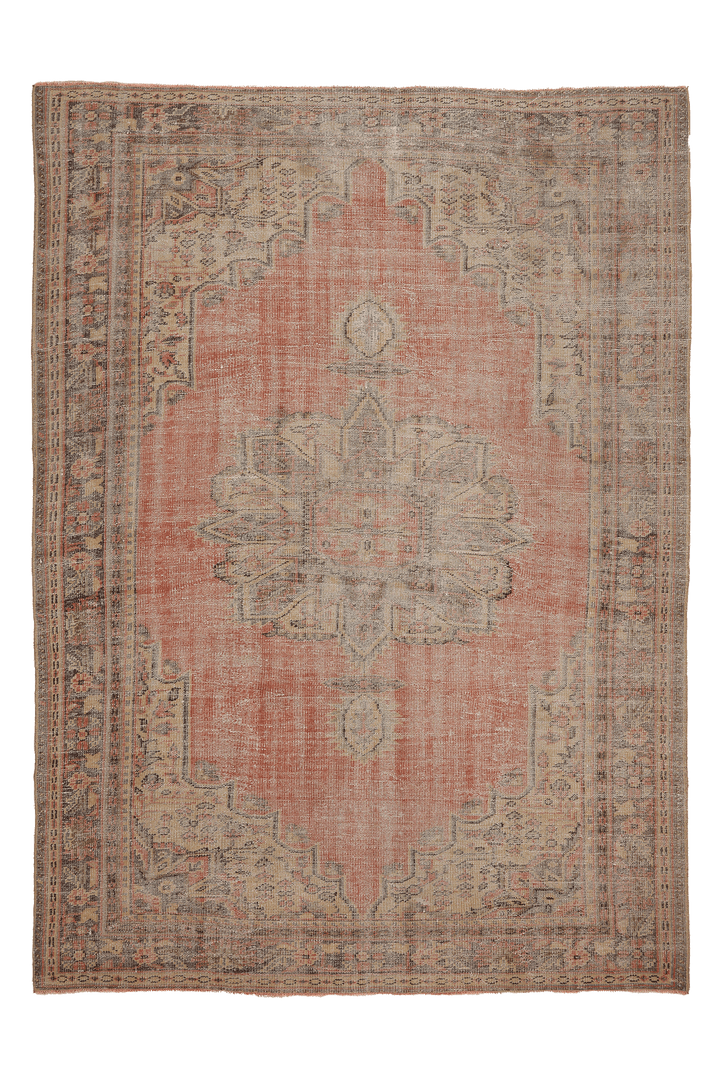Vintage Manisa Turkish Area Rug 7x9 ft — Red & Beige Distressed
