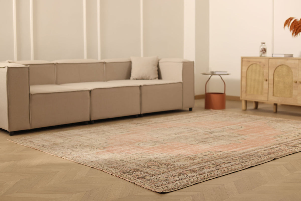Vintage Manisa Turkish Area Rug 7x9 ft — Red & Beige Distressed