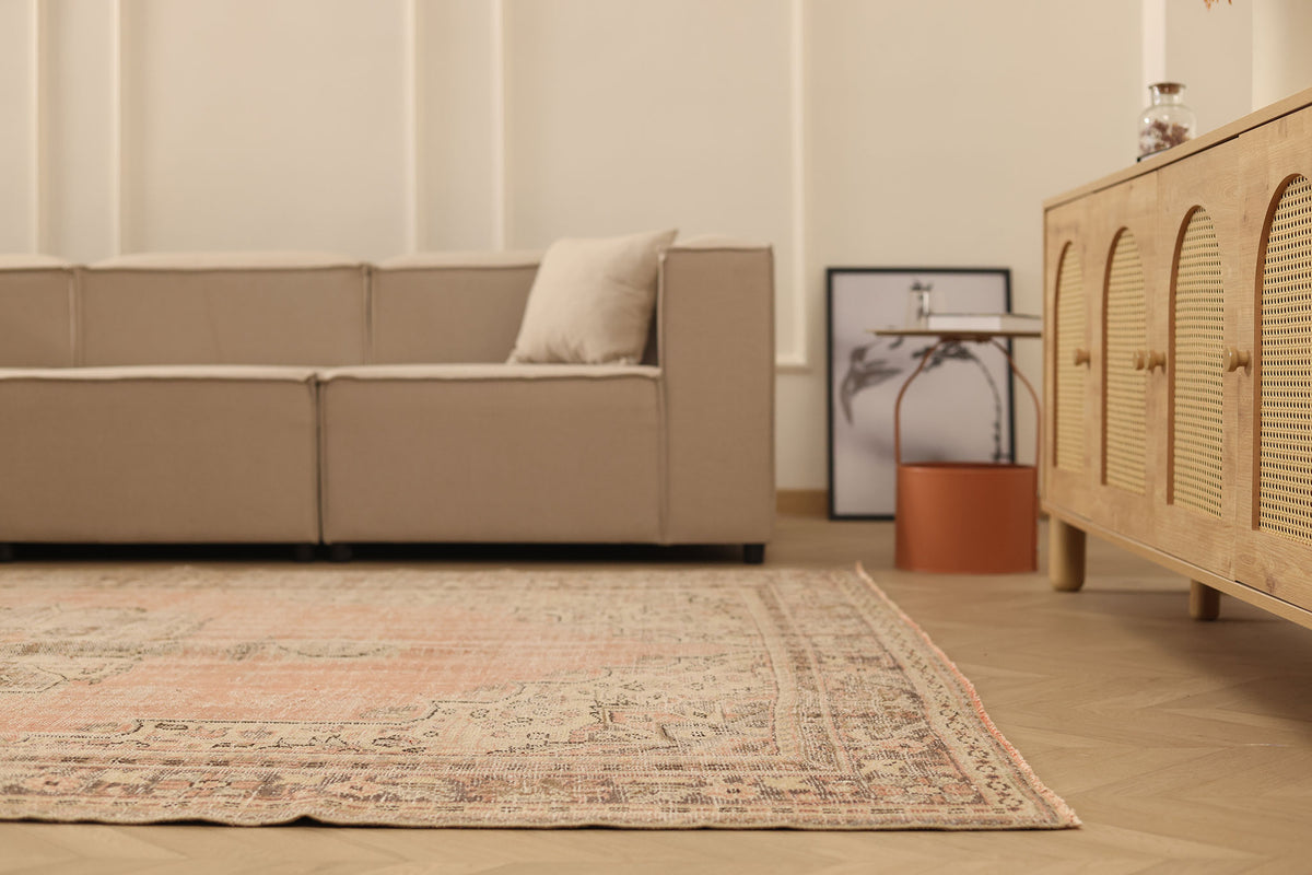 Vintage Manisa Turkish Area Rug 7x9 ft — Red & Beige Distressed