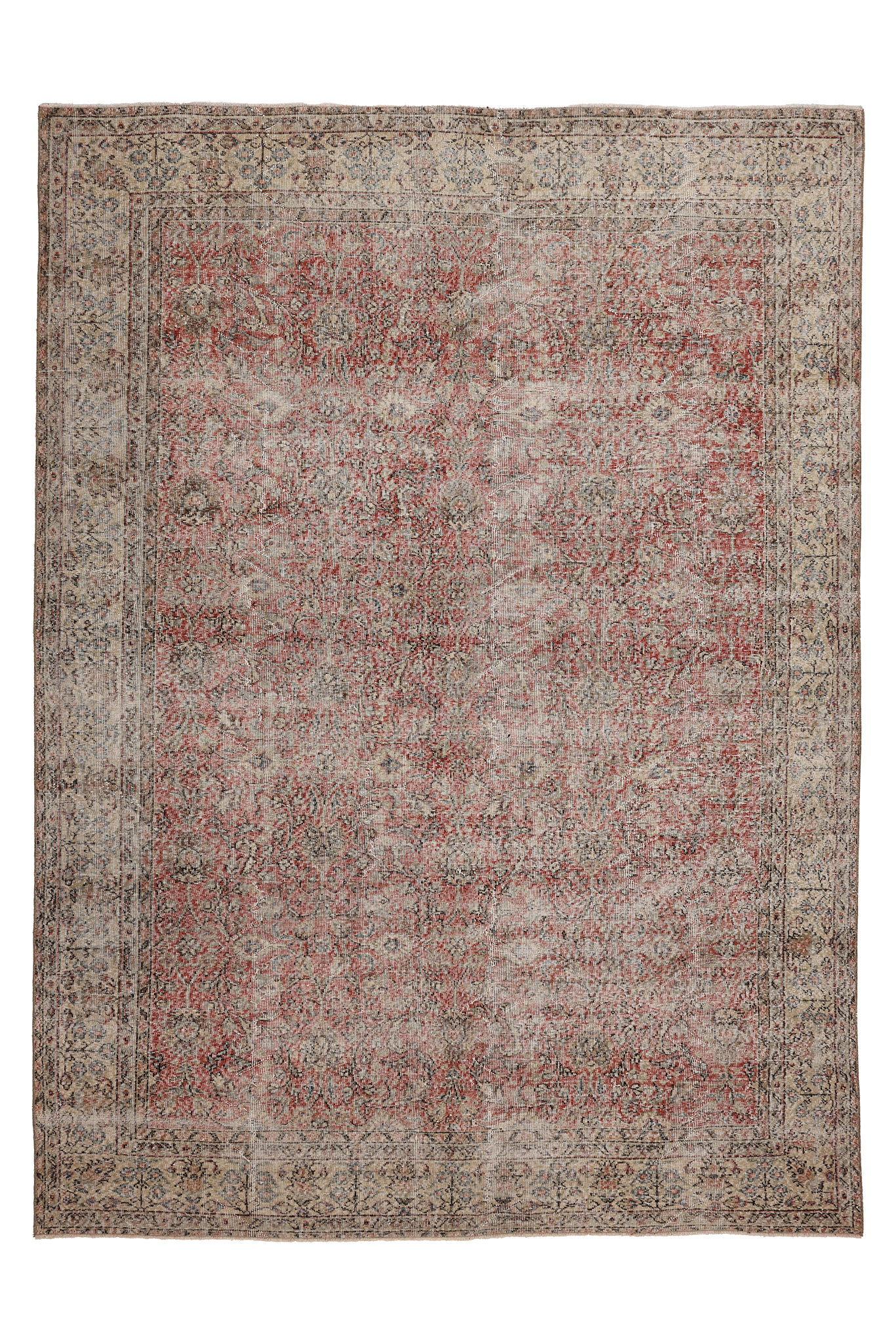 Vintage Isparta Turkish Area Rug 7x10 ft — Red & Beige Distressed