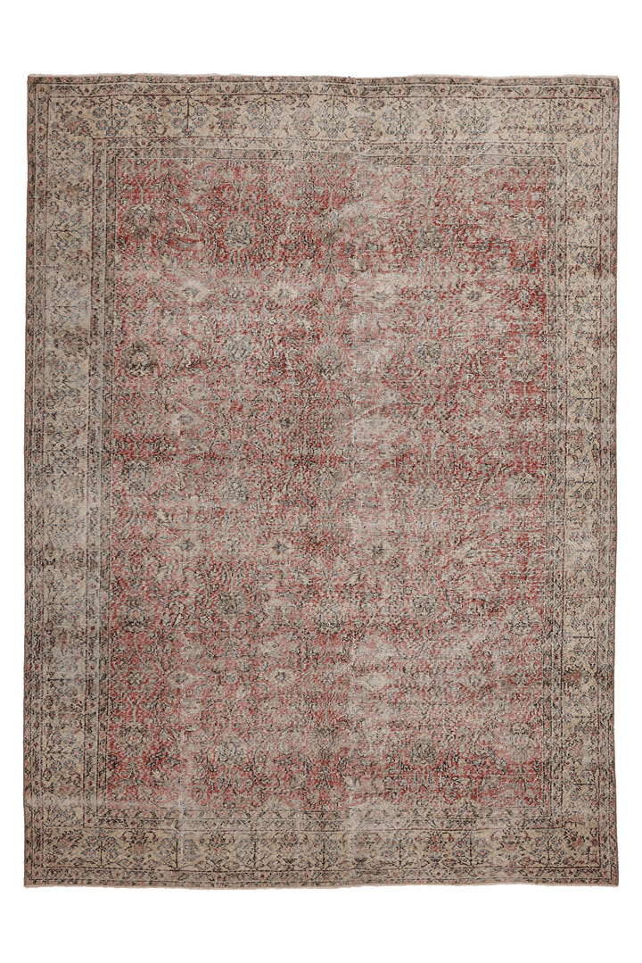 Vintage Isparta Turkish Area Rug 7x10 ft — Red & Beige Distressed