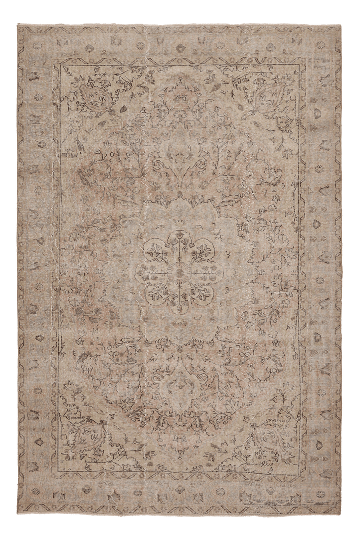 Vintage Isparta Turkish Area Rug 6x9 ft — Beige & Brown Floral (No. 60702)