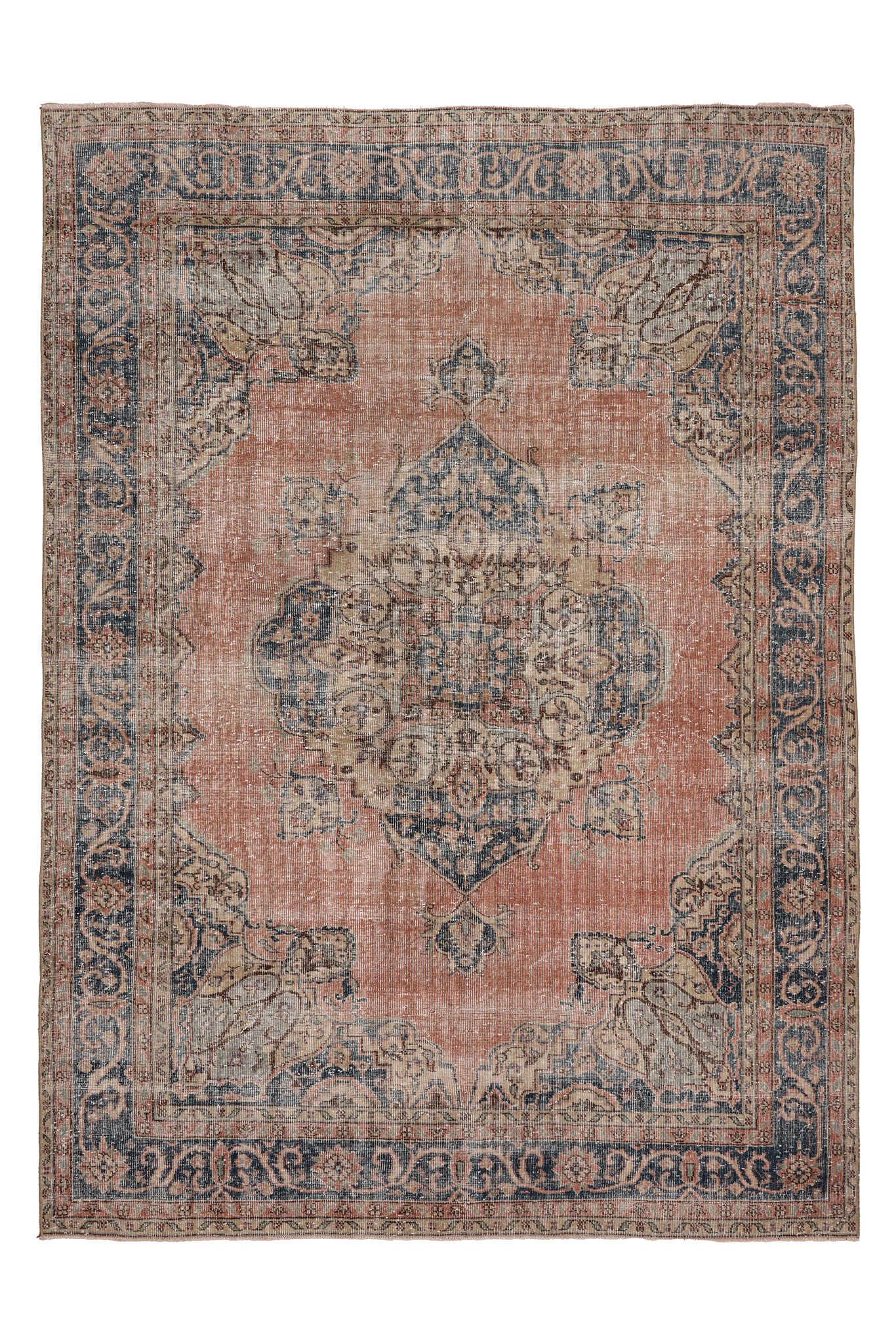 Vintage Isparta Turkish Area Rug 7x9 ft — Pink & Blue Distressed