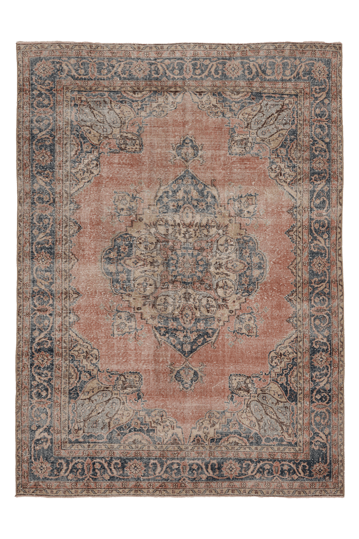 Vintage Isparta Turkish Area Rug 7x9 ft — Pink & Blue Distressed