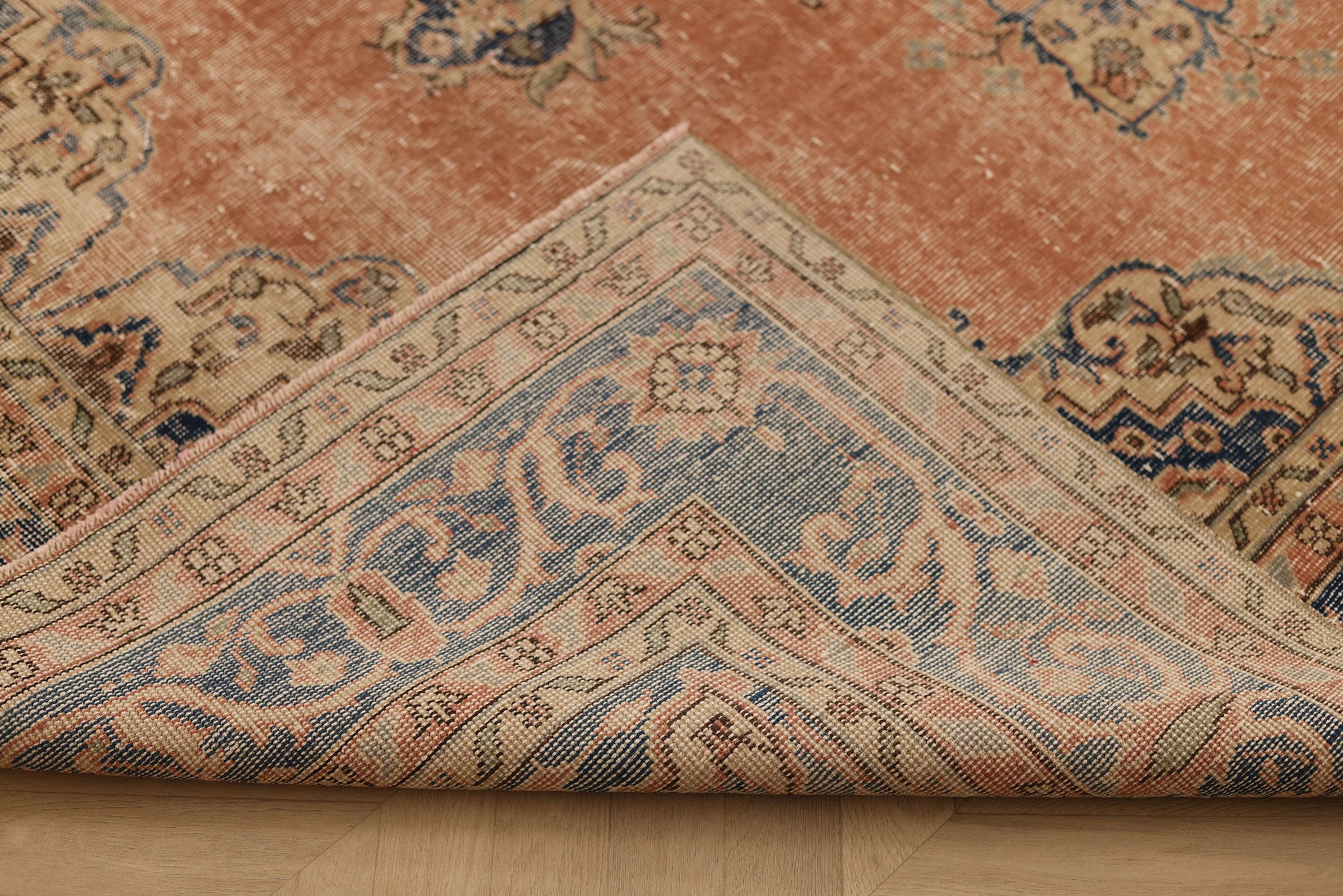Vintage Isparta Turkish Area Rug 7x9 ft — Pink & Blue Distressed