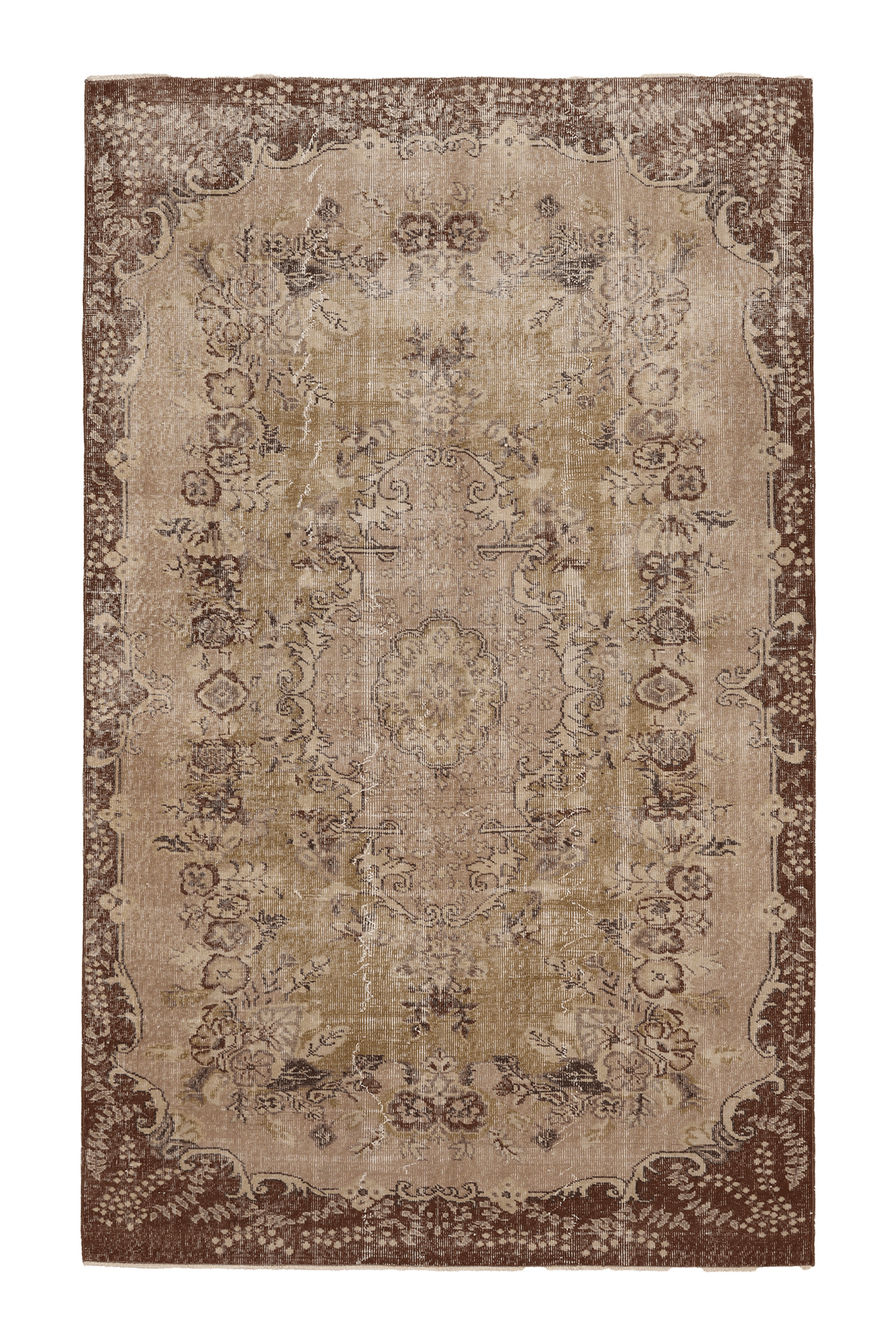 Vintage Isparta Turkish Area Rug 5x8 ft — Beige & Brown Floral (No. 60707)