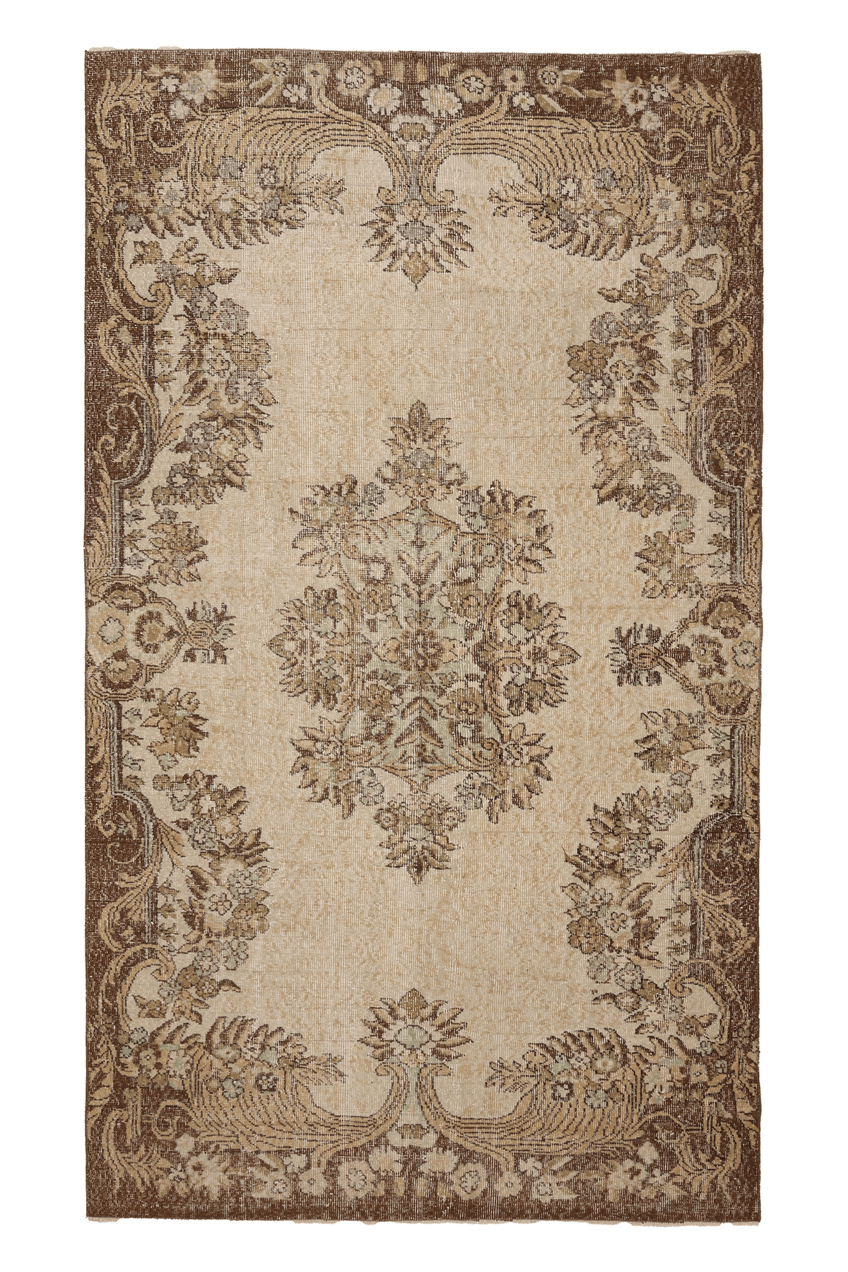 Vintage Isparta Turkish Area Rug 5x9 ft — Beige & Brown Floral (No. 60709)