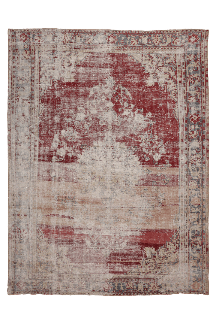 Vintage Manisa Turkish Area Rug 8x11 ft — Red & Beige Distressed