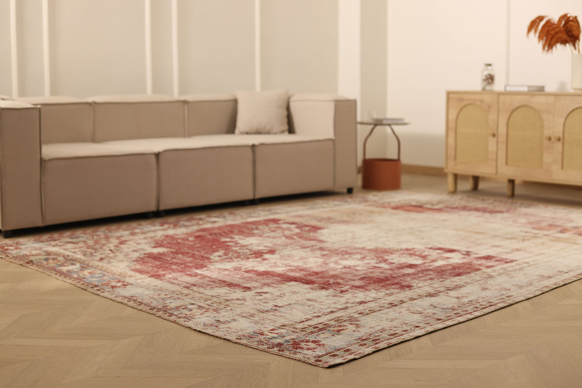 Vintage Manisa Turkish Area Rug 8x11 ft — Red & Beige Distressed