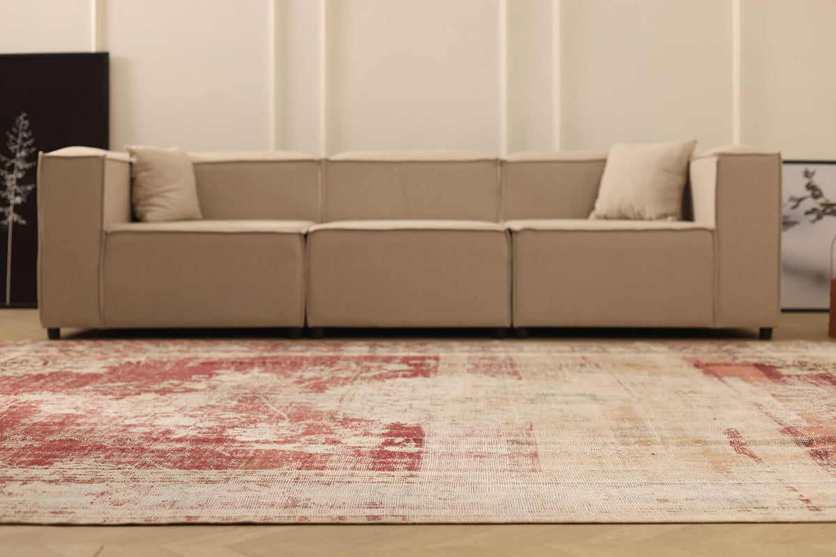 Vintage Manisa Turkish Area Rug 8x11 ft — Red & Beige Distressed