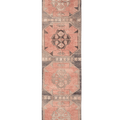 Handwoven 3x13 ft vintage Turkish runner rug in burnt orange and brown with geometric tribal patterns.