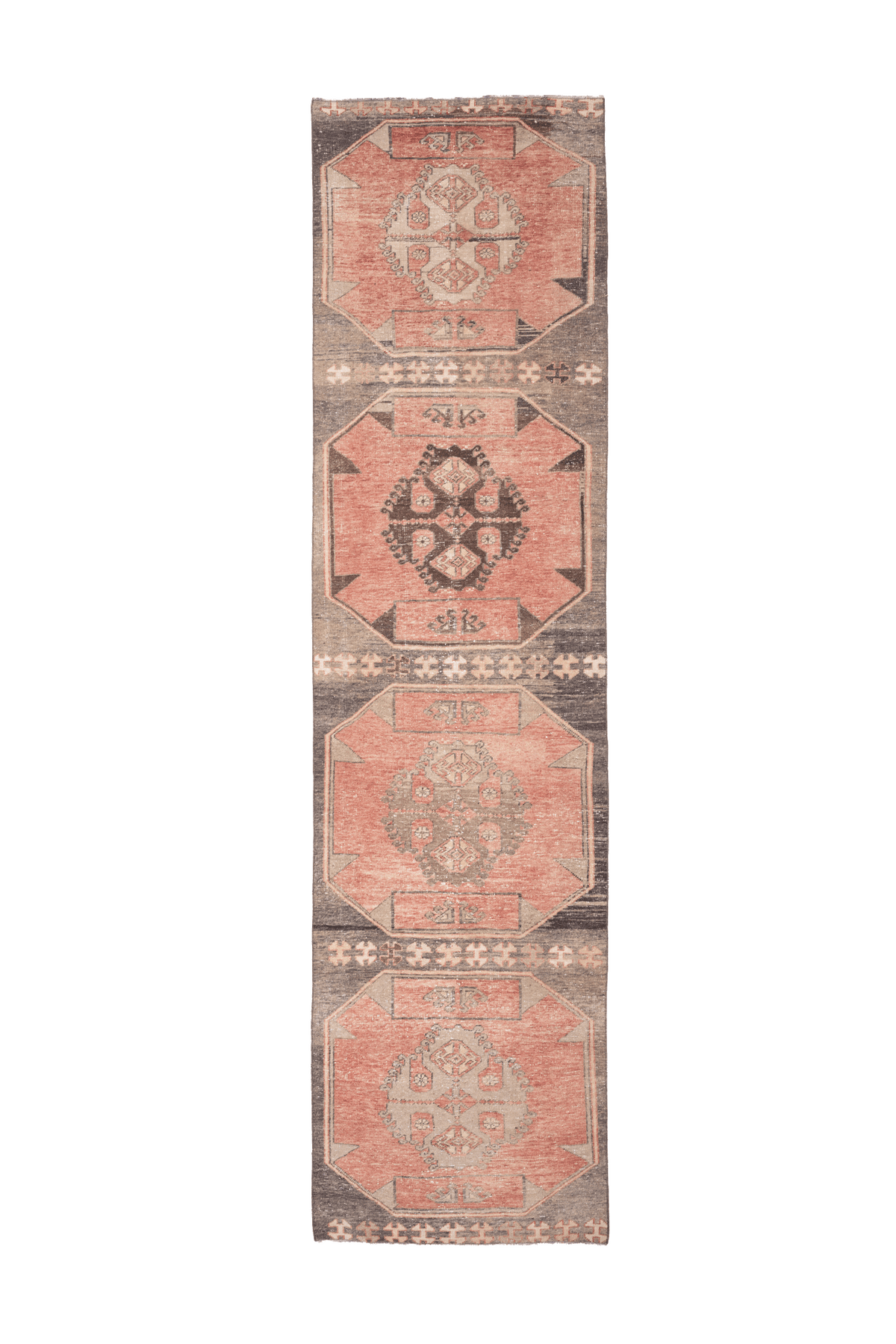 Handwoven 3x13 ft vintage Turkish runner rug in burnt orange and brown with geometric tribal patterns.