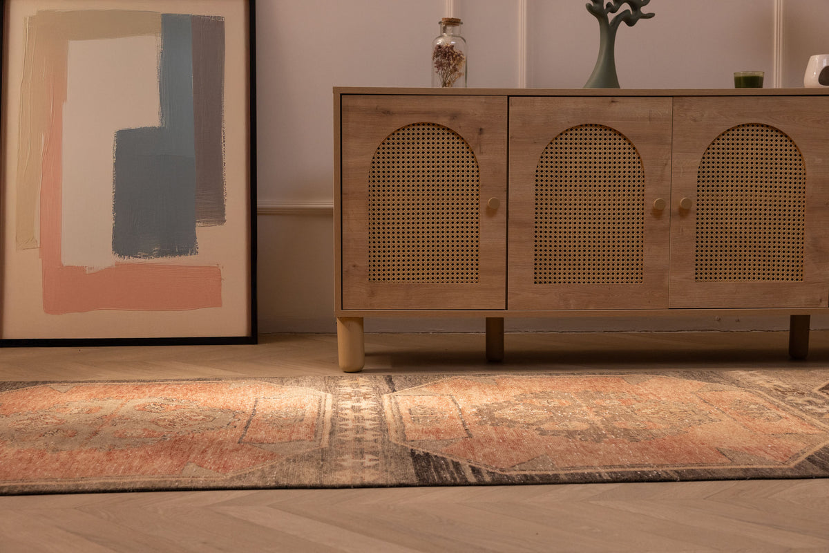 Vintage 3x13 ft Turkish runner rug in orange and brown with geometric patterns, handwoven from wool and cotton.