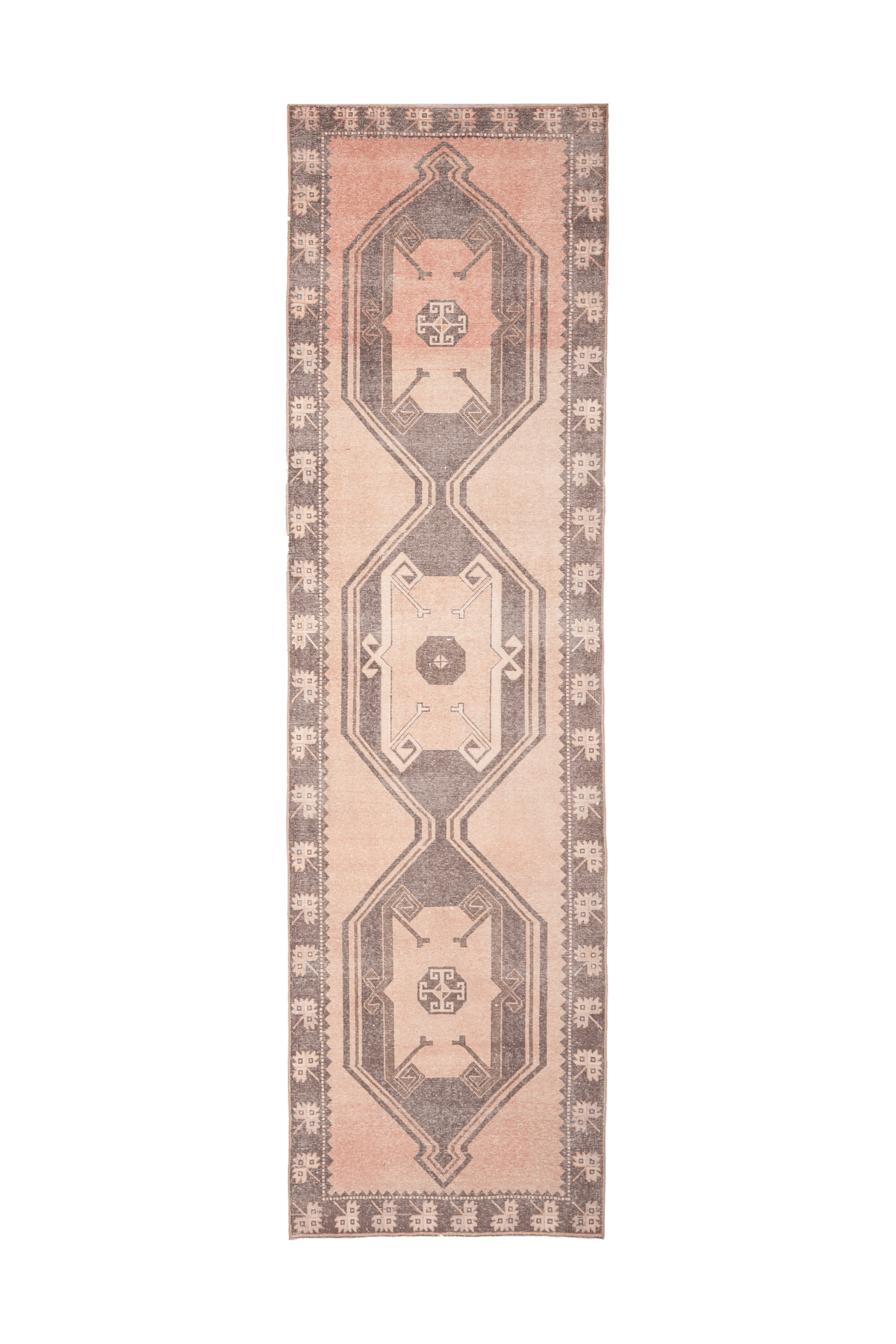 4x14 ft vintage Turkish runner rug in orange and gray with geometric tribal patterns, handwoven from wool and cotton.