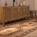 Vintage 4x14 ft Turkish runner rug in orange and gray with geometric patterns, handwoven from wool and cotton.
